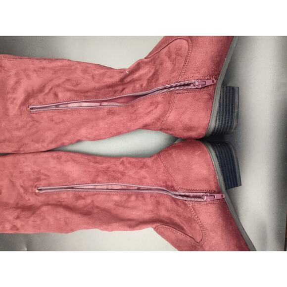 Women’s Burgundy Over-the-Knee Boots Size 8.5 Suede-Look Zip Tie Back Block Heel - Picture 4 of 9